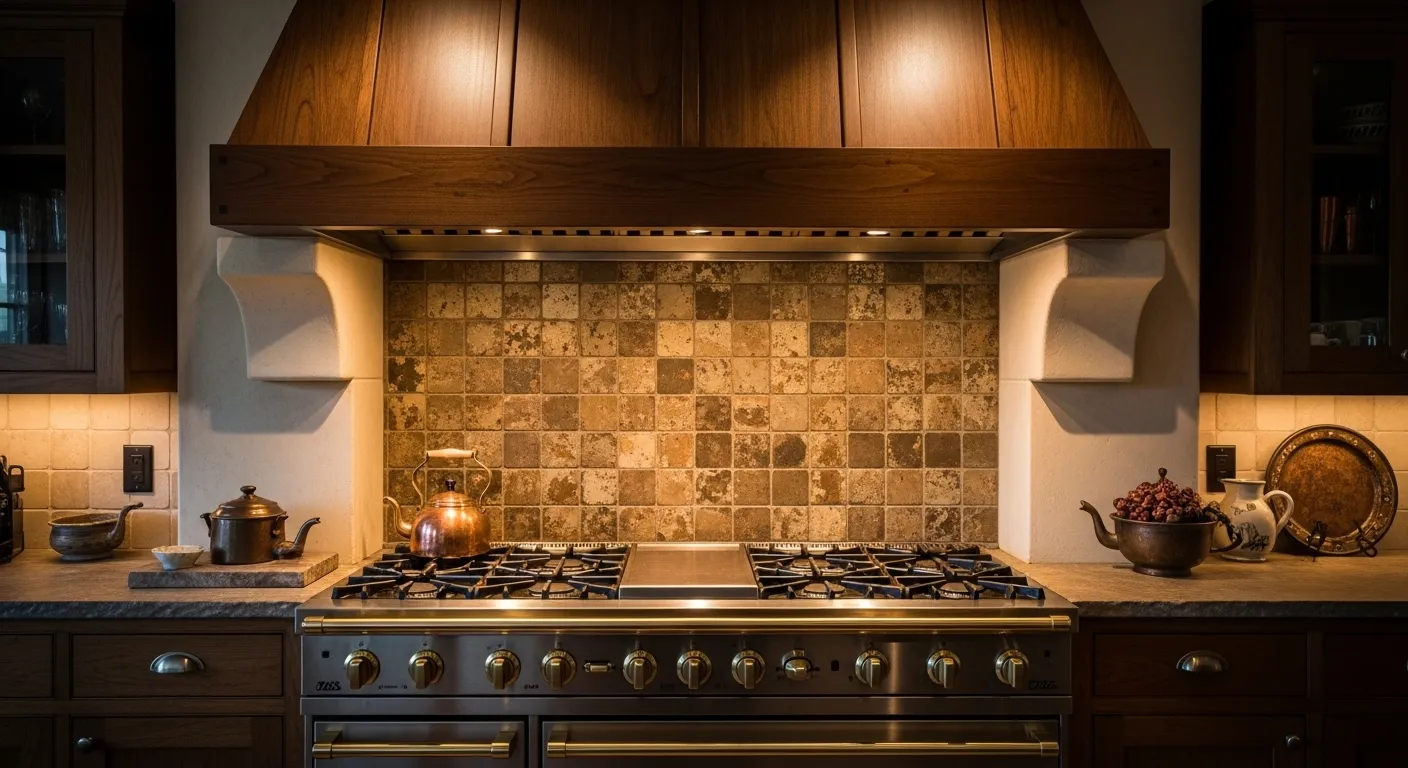 Antique-style range and hood in a farmhouse kitchen