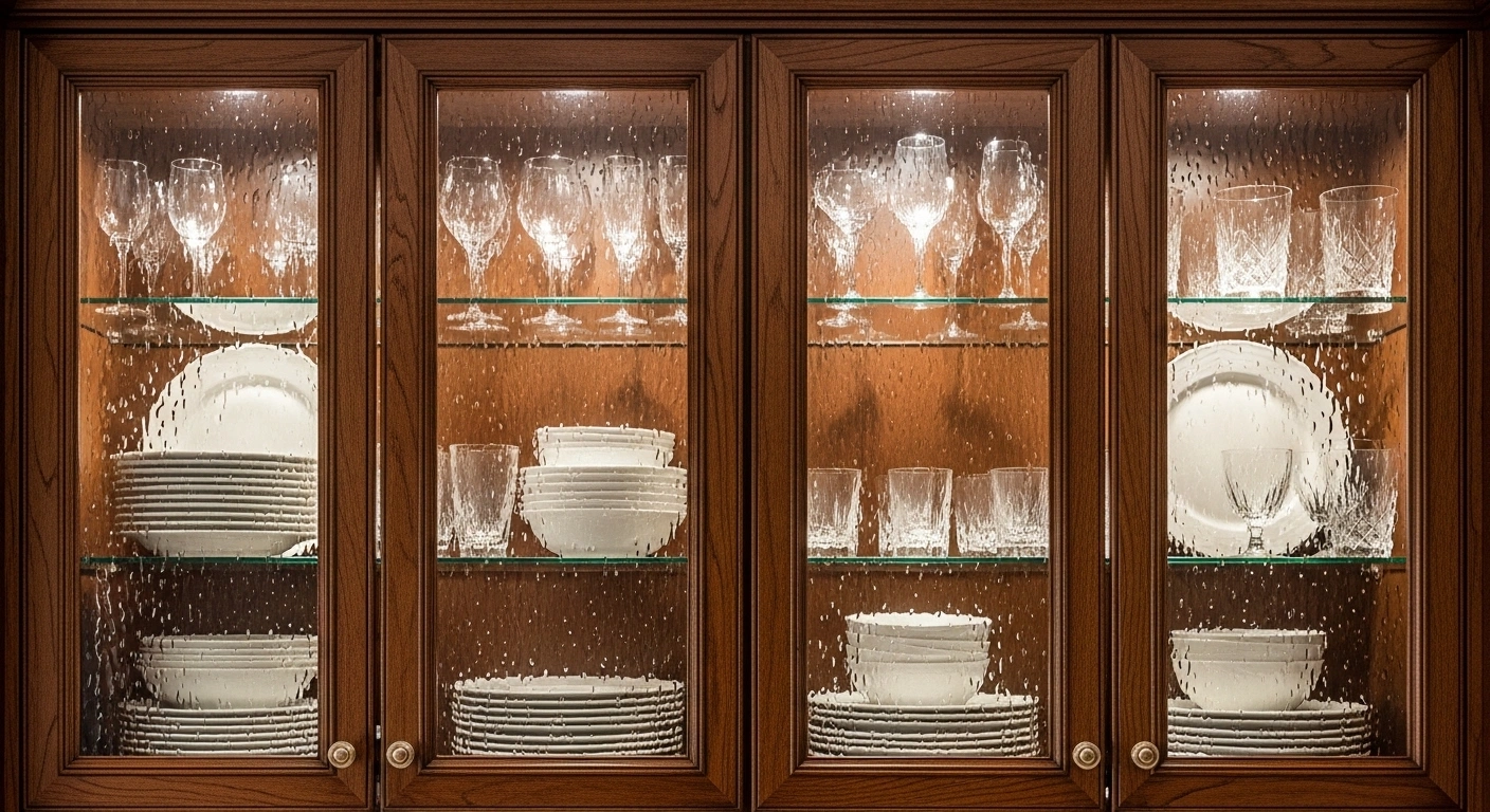 Apothecary-style glass cabinets in a farmhouse kitchen