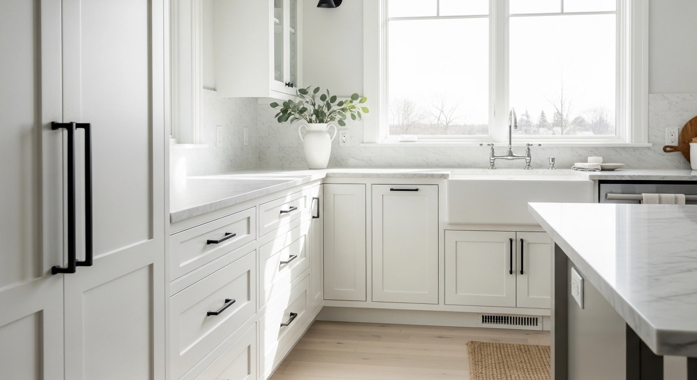Classic white Shaker-style cabinetry in a farmhouse kitchen
