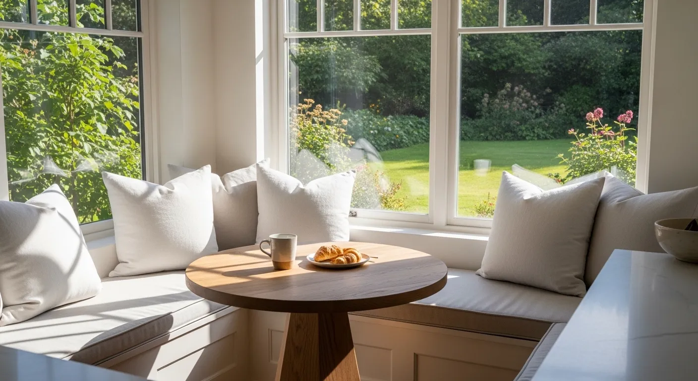 Corner breakfast nook with a view in a farmhouse kitchen