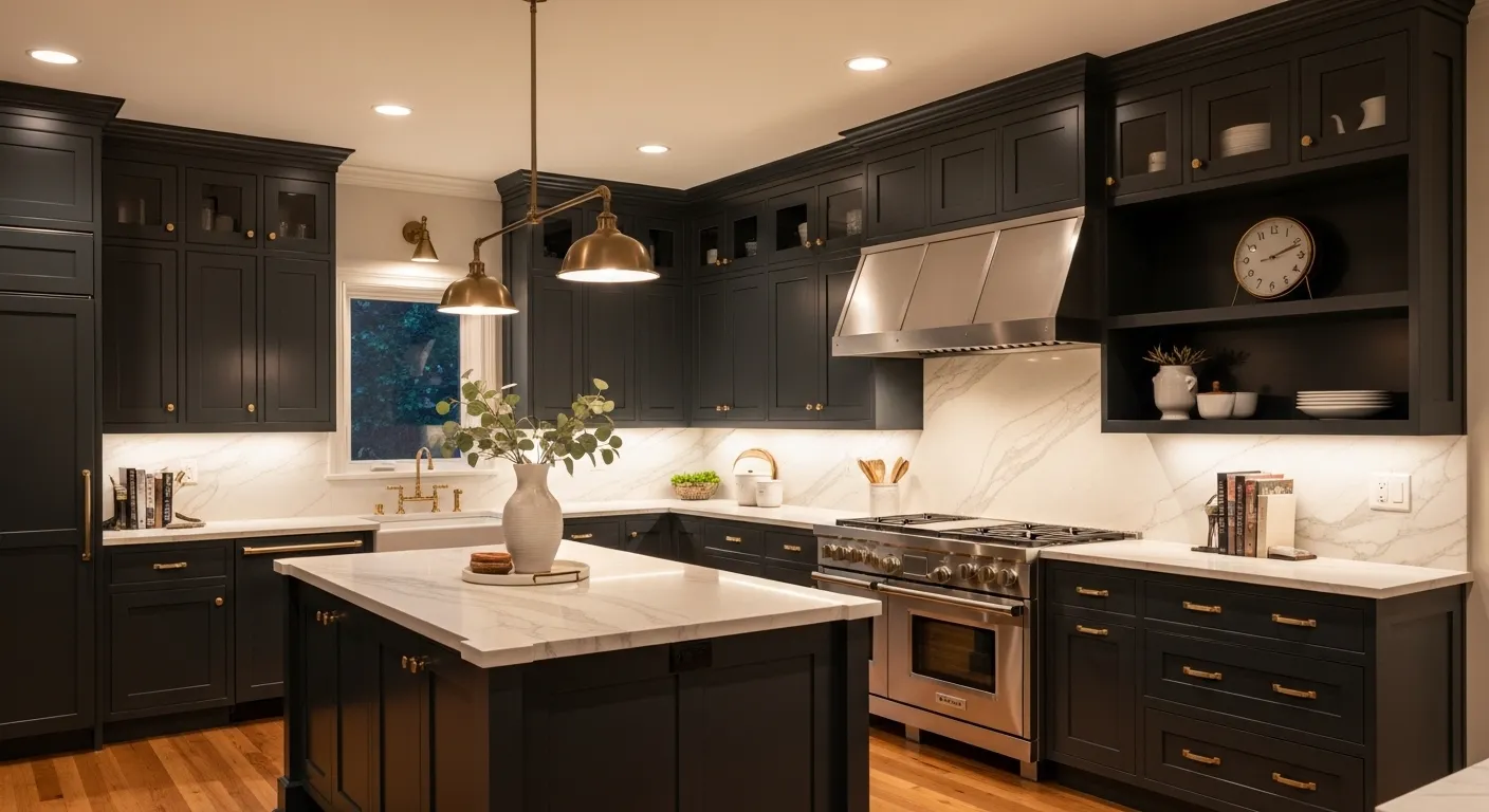 Dark charcoal kitchen cabinets with dramatic lighting