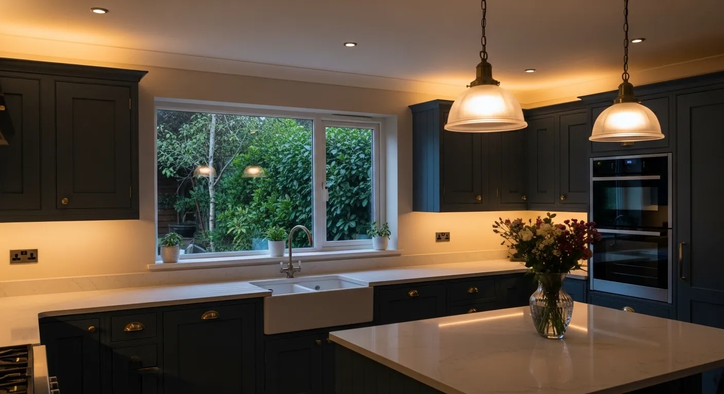 Deep blue kitchen cabinets with gold handles