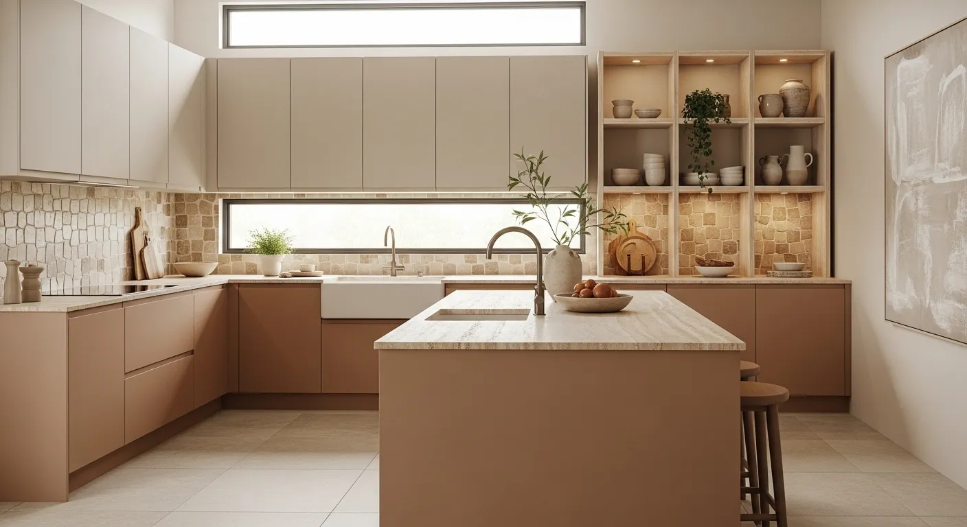 Earth-tone kitchen cabinets in beige and warm clay