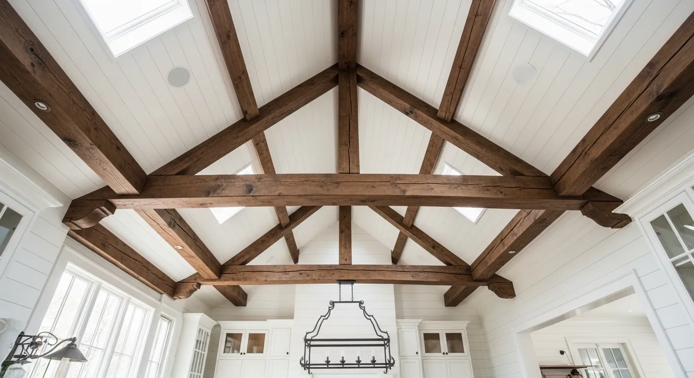 Exposed ceiling joists and beams in a farmhouse kitchen