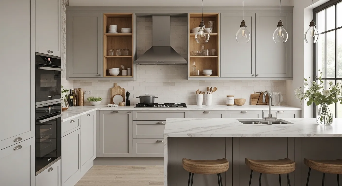 Floor-to-ceiling kitchen cabinets in a light color