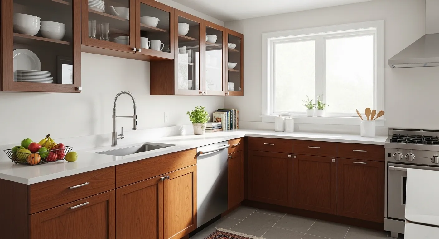 Glass-front kitchen cabinets displaying dishes