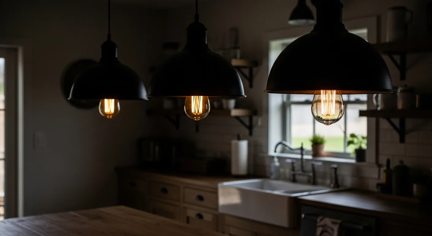 Industrial metal pendant lighting over a farmhouse kitchen island