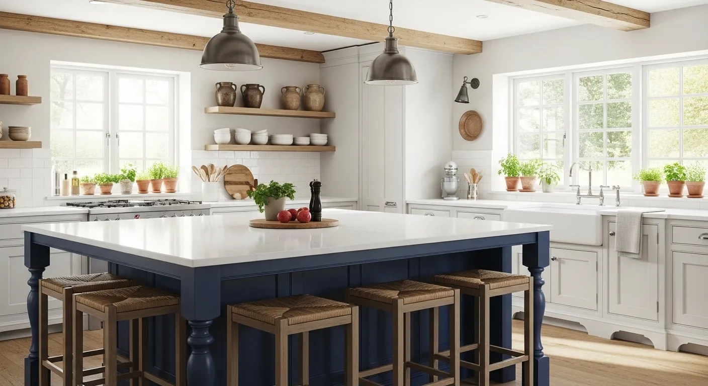 Large communal kitchen island in a farmhouse kitchen