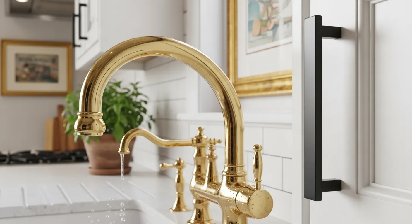 Mixed metal finishes on faucets and hardware in a farmhouse kitchen