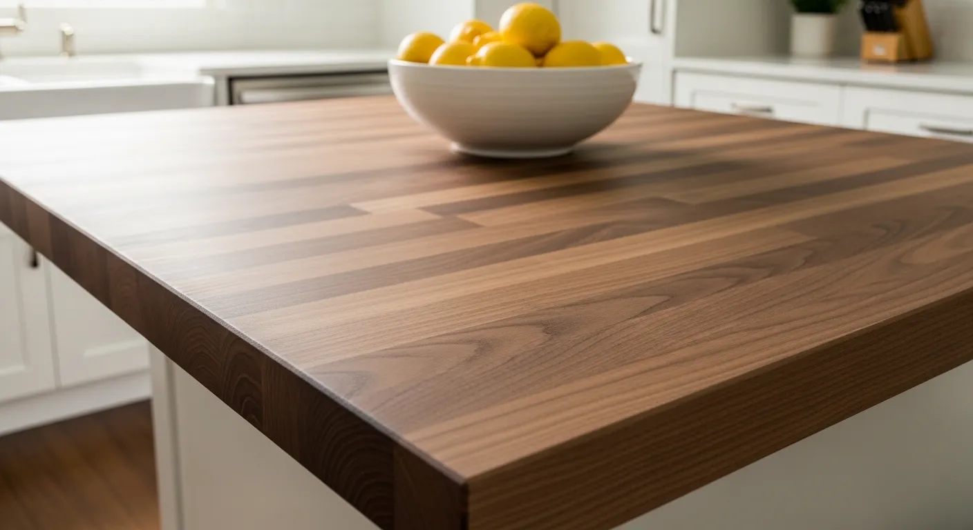 Natural butcher block countertops in a farmhouse kitchen