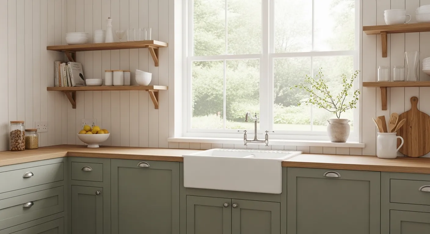 Neutral color palette with soft accents in a farmhouse kitchen
