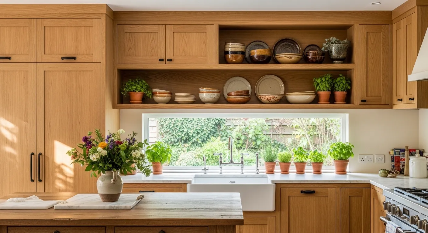 Open shelving mixed with kitchen cabinets
