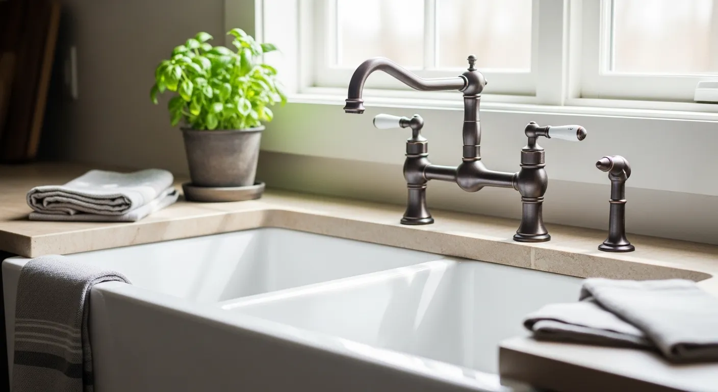 Over-sized apron-front farmhouse sink in a rustic kitchen