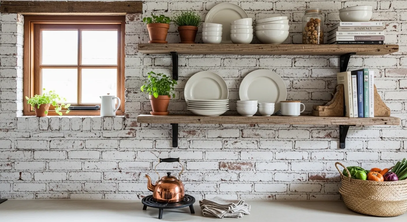 Painted brick and stone accents in a farmhouse kitchen