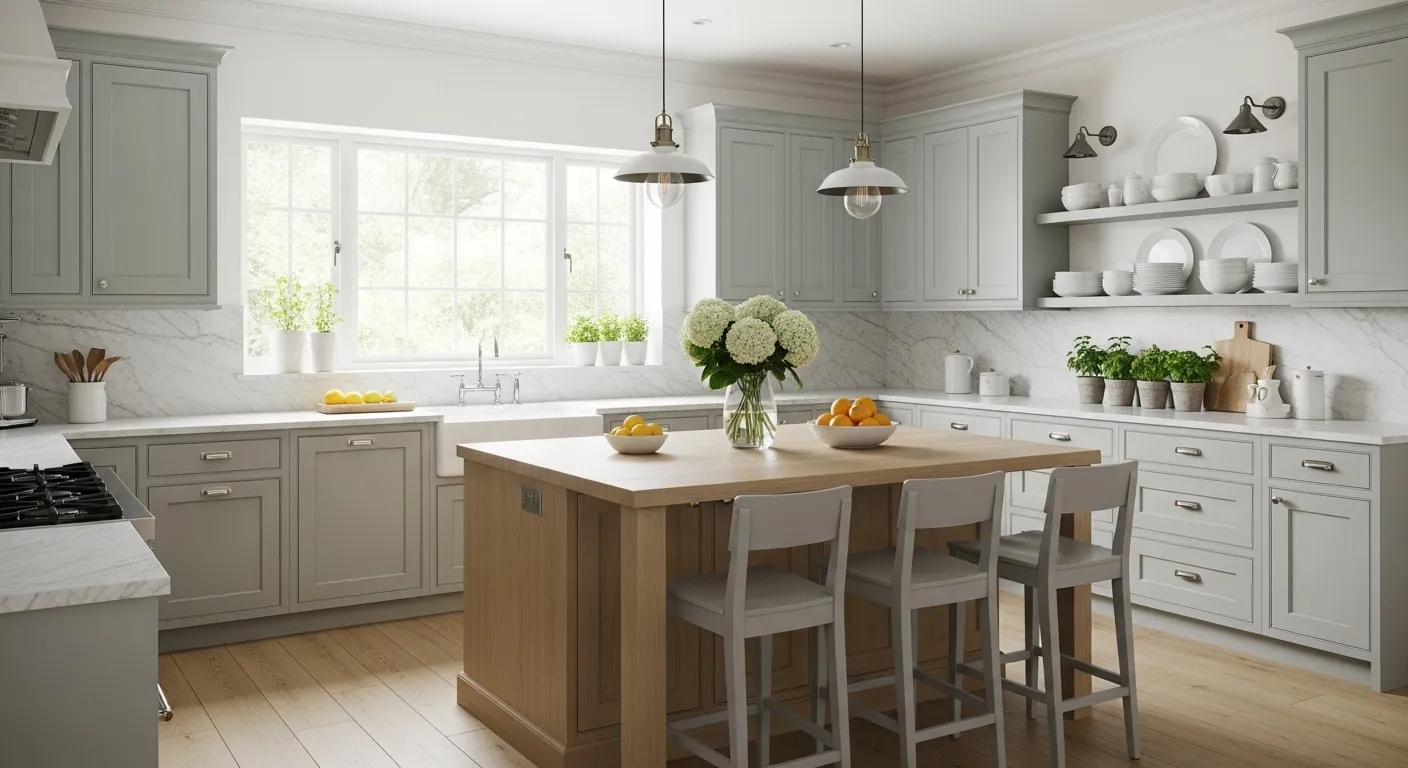 Freshly painted kitchen cabinets in a soft muted color