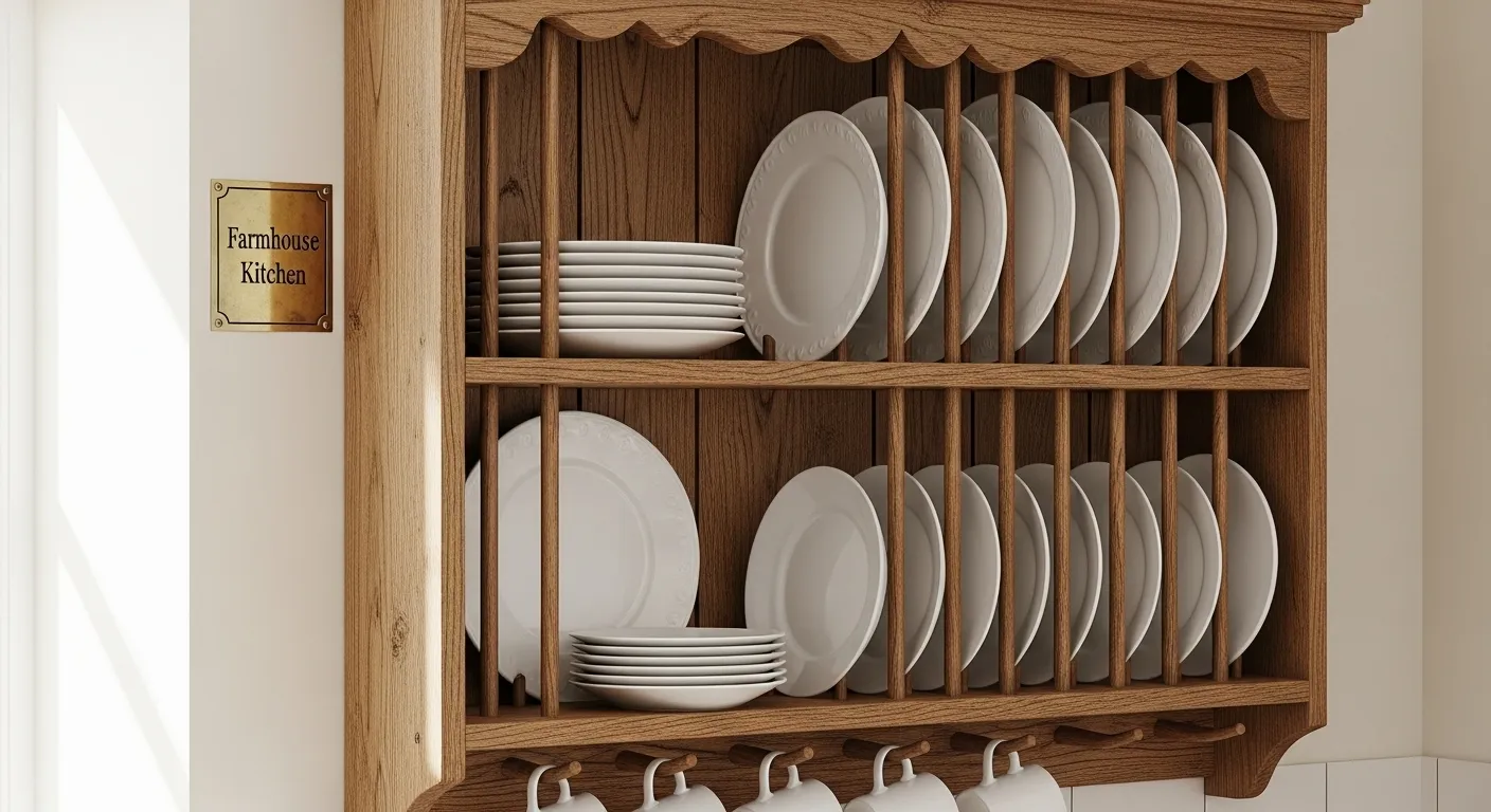 Plate racks and integrated storage in a farmhouse kitchen