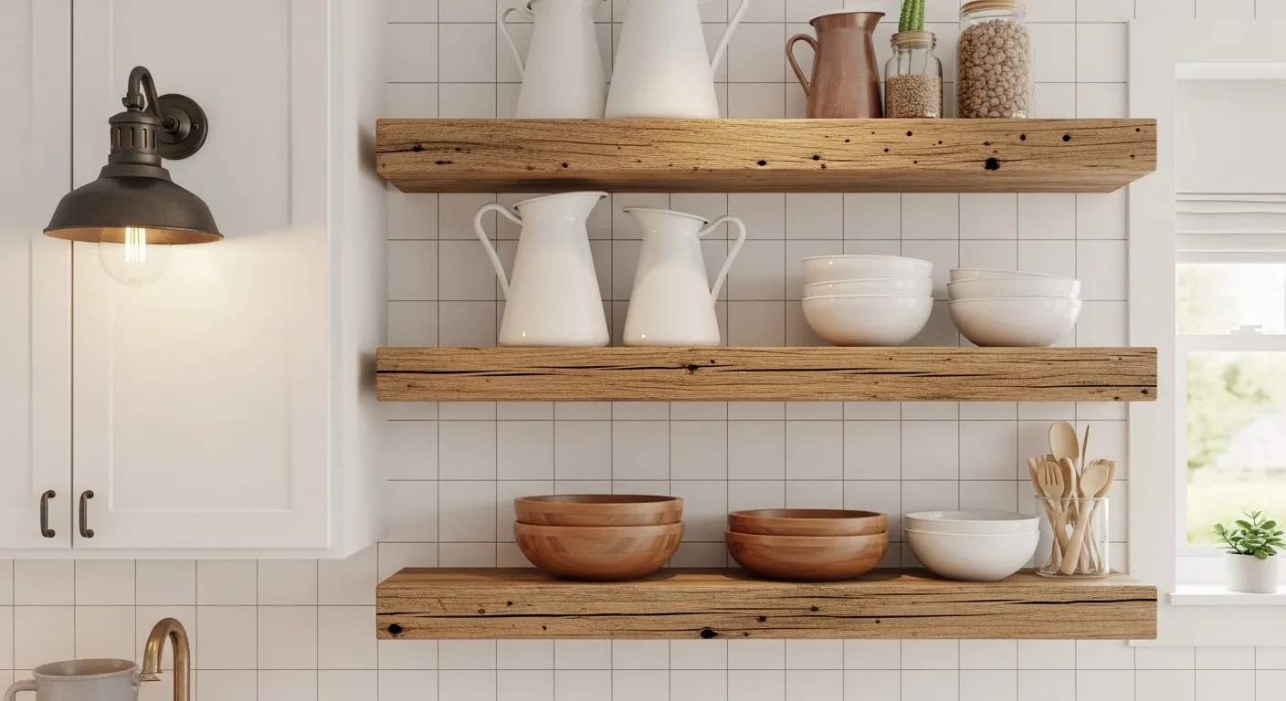 Reclaimed wood floating shelves in a farmhouse kitchen