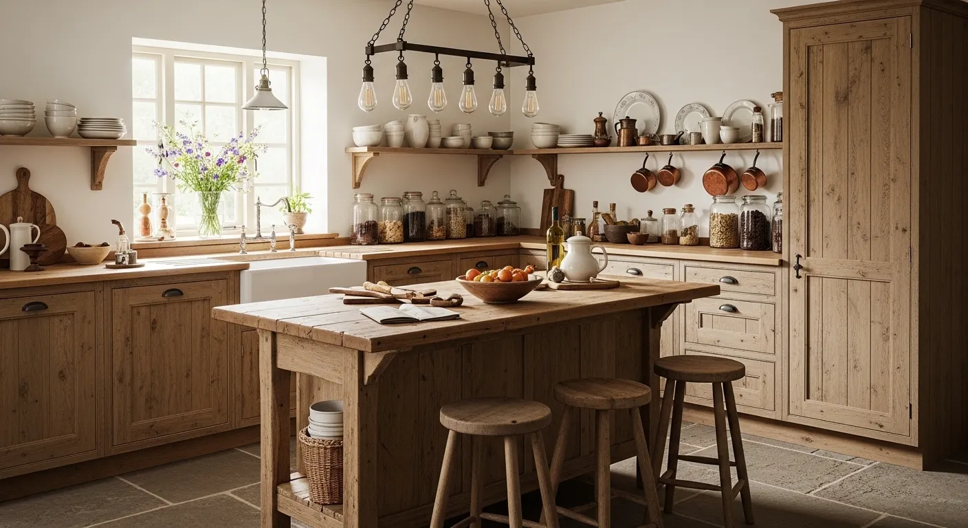 Rustic kitchen cabinets with natural texture and knots