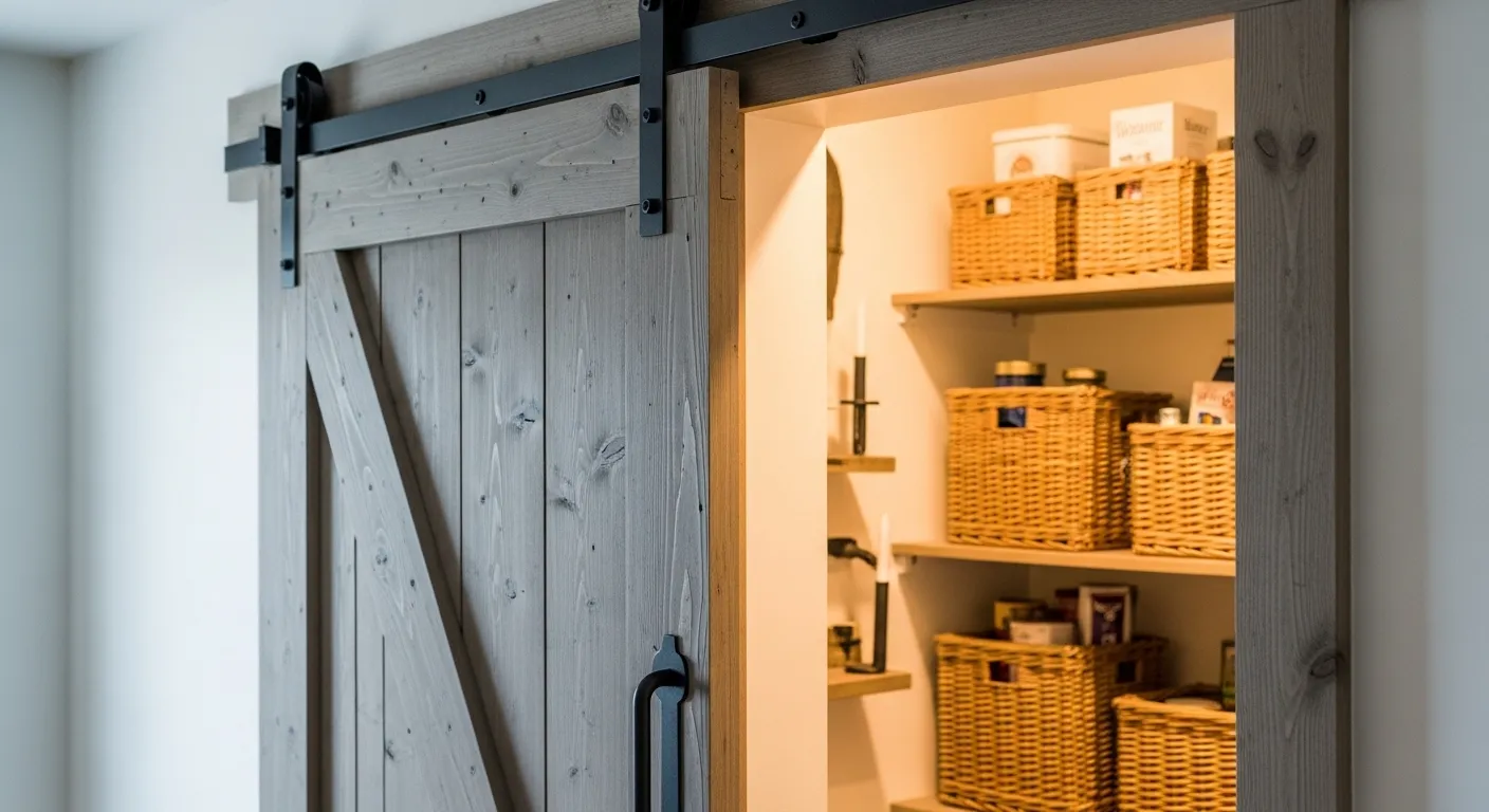 Sliding barn doors for the pantry in a farmhouse kitchen
