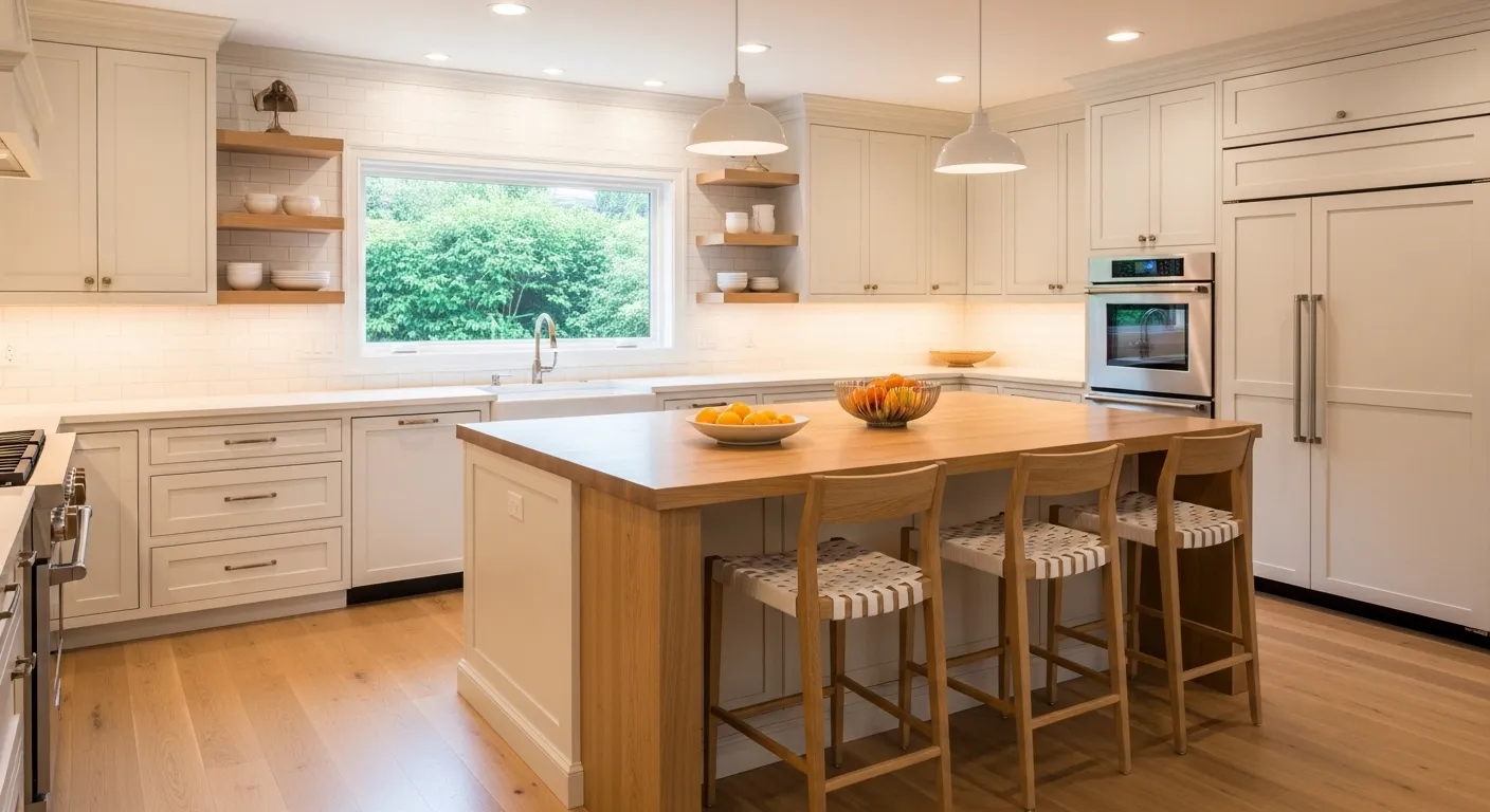 Soft white kitchen cabinets in a bright clean kitchen