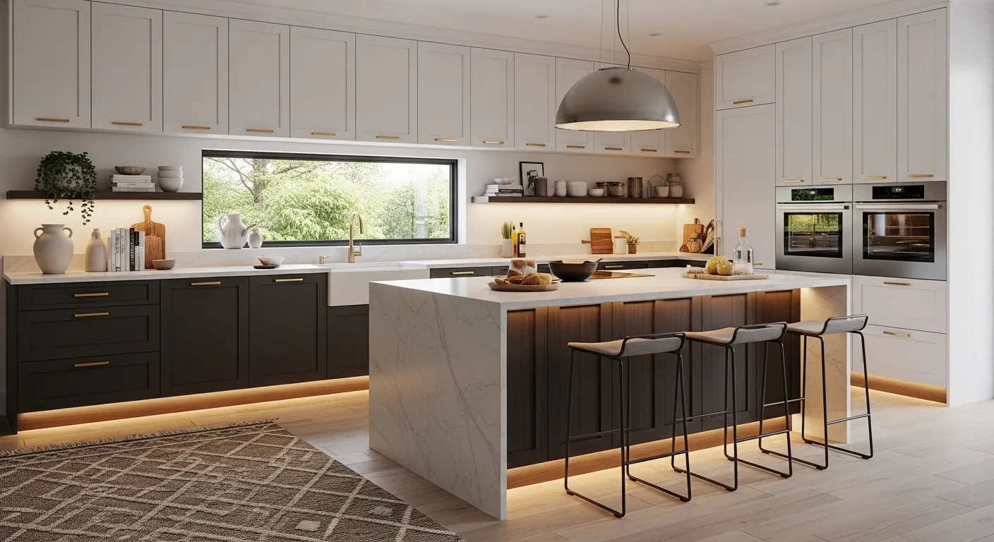 Two-tone kitchen cabinets with contrasting upper and lower colors
