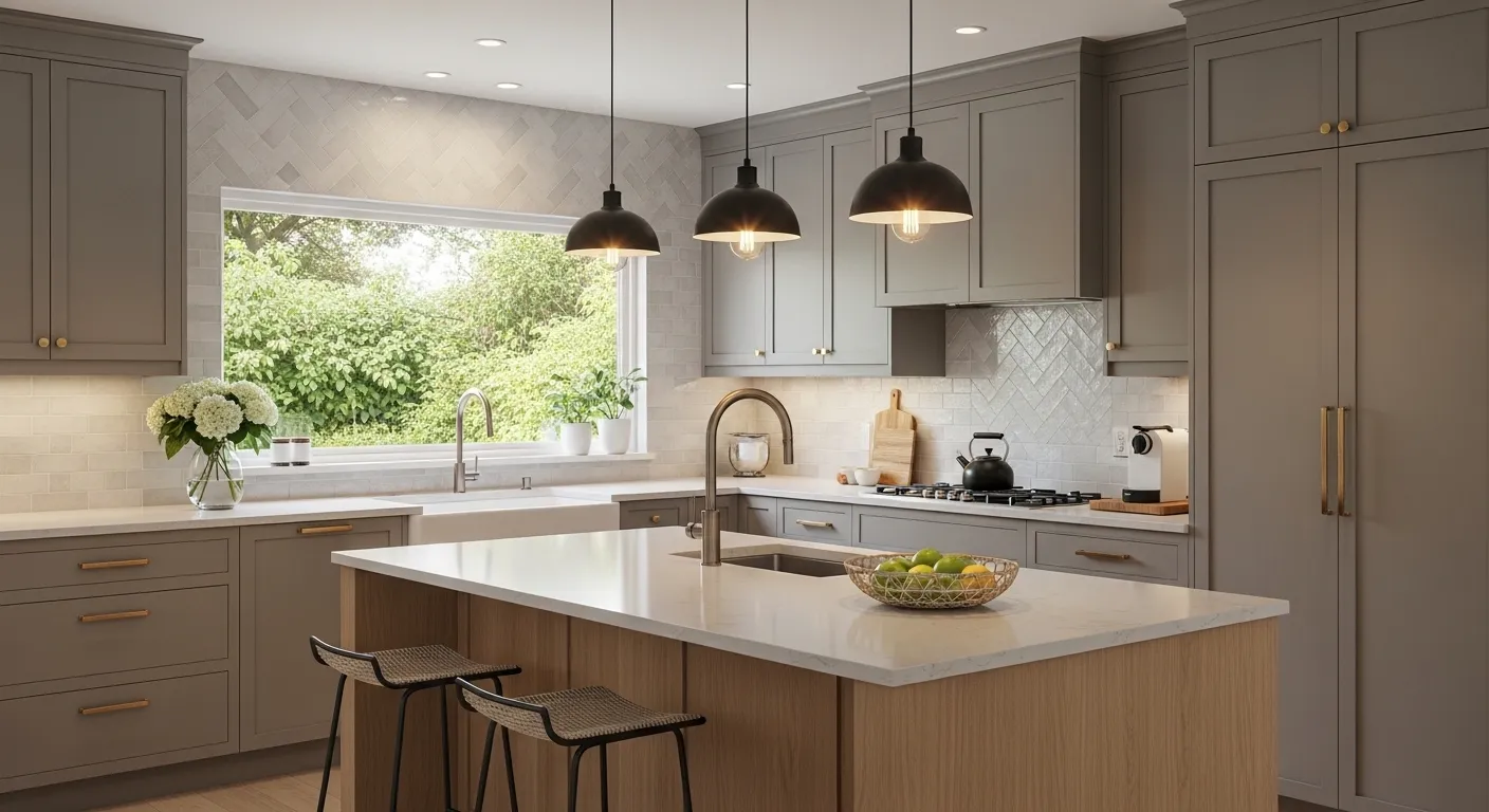 Warm gray kitchen cabinets with wooden accents