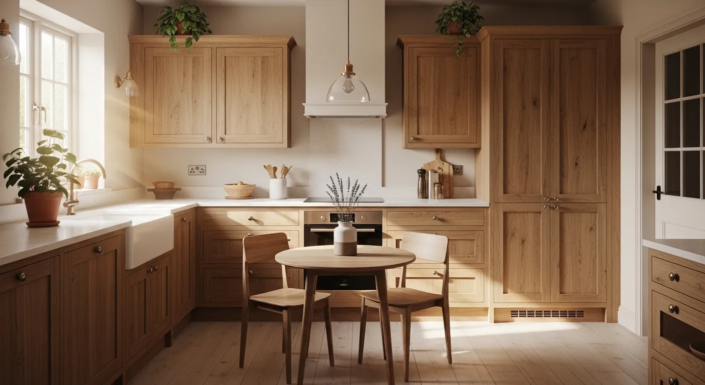 Warm wooden kitchen cabinets with natural grain for a cozy look