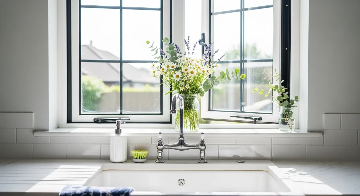 Window over the sink with character in a farmhouse kitchen