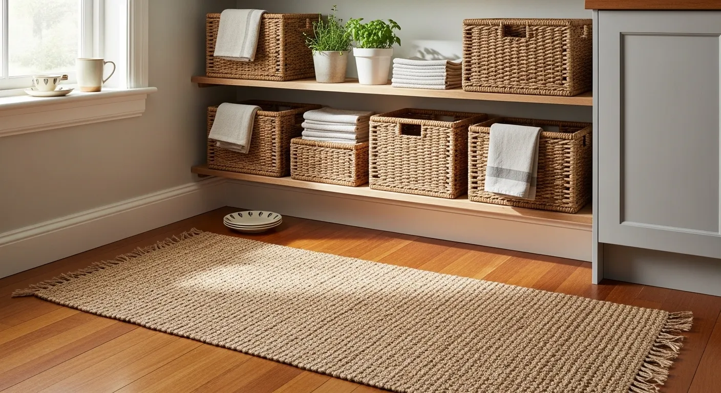 Woven and natural textures in a farmhouse kitchen