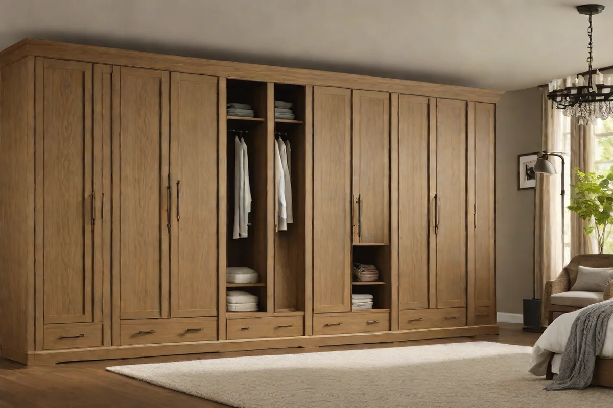 Low-Profile Distressed Oak Wardrobe Armoires - Modern Cowgirl Bedroom Ideas