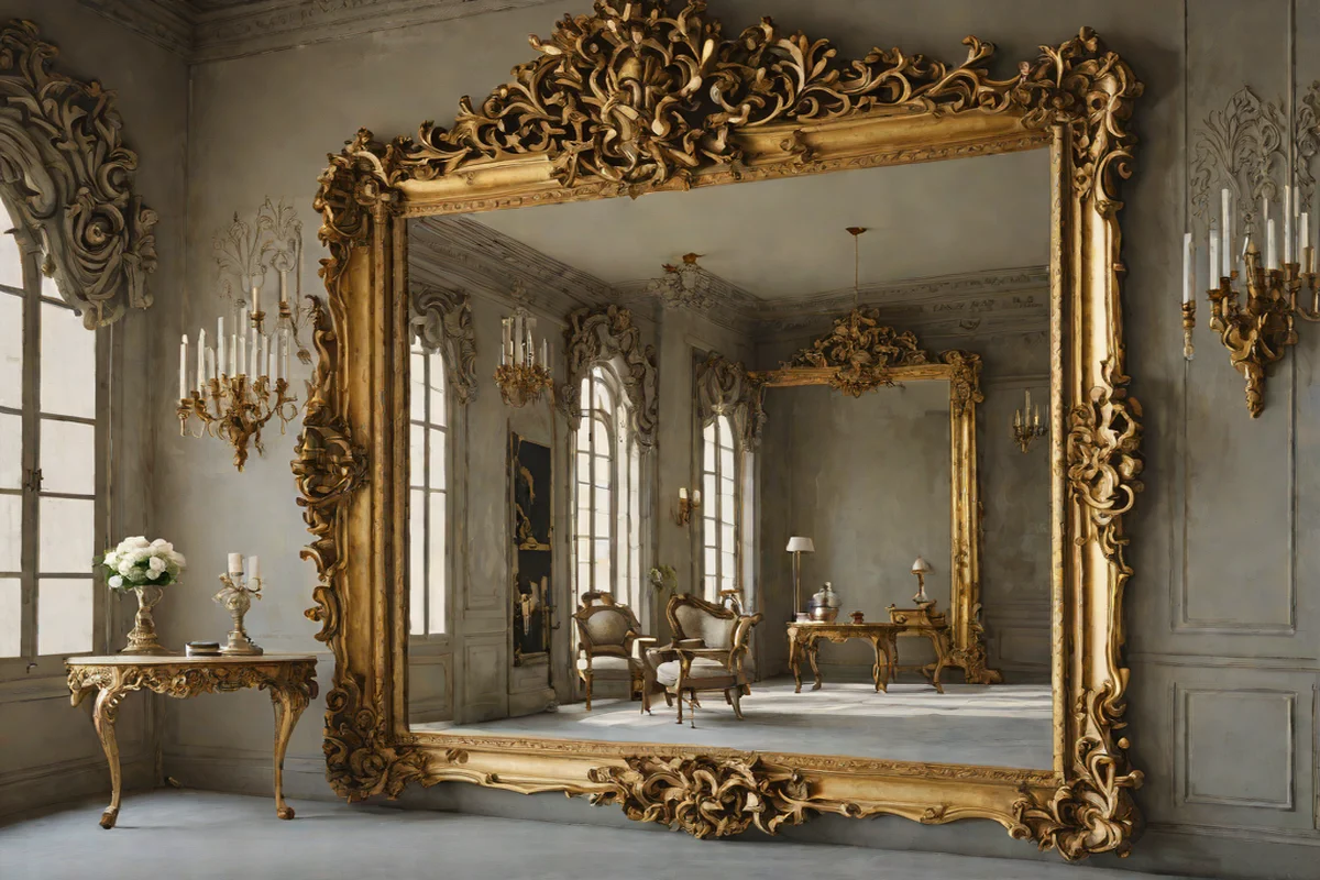 Oversized Ornate Mirrors Against Raw Concrete Walls - Modern Rococo Revival Living Room Ideas