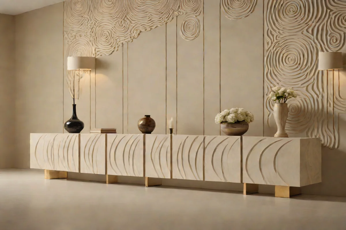 Monolithic Travertine Shell-Carved Sideboards - Modern Rococo Revival Living Room Ideas