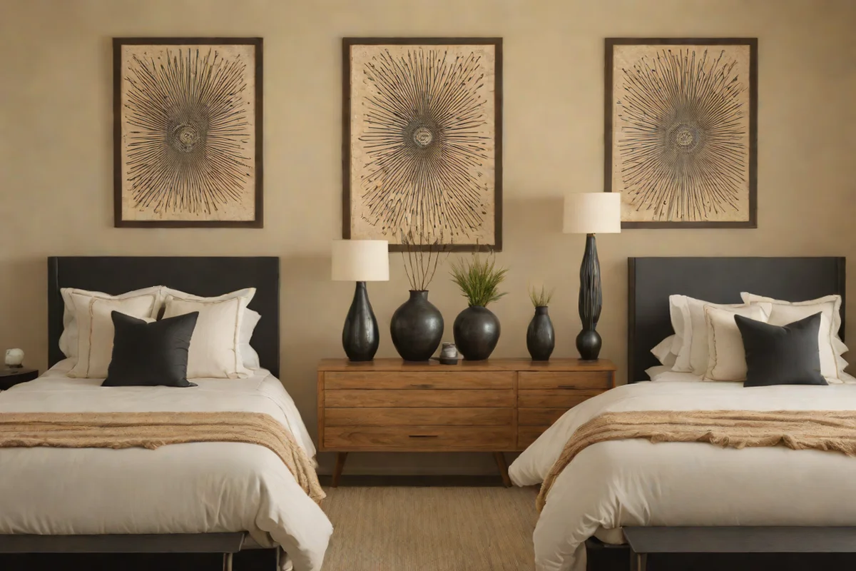 Symmetrical Bedside Flanking with Native Pottery - western bedroom ideas