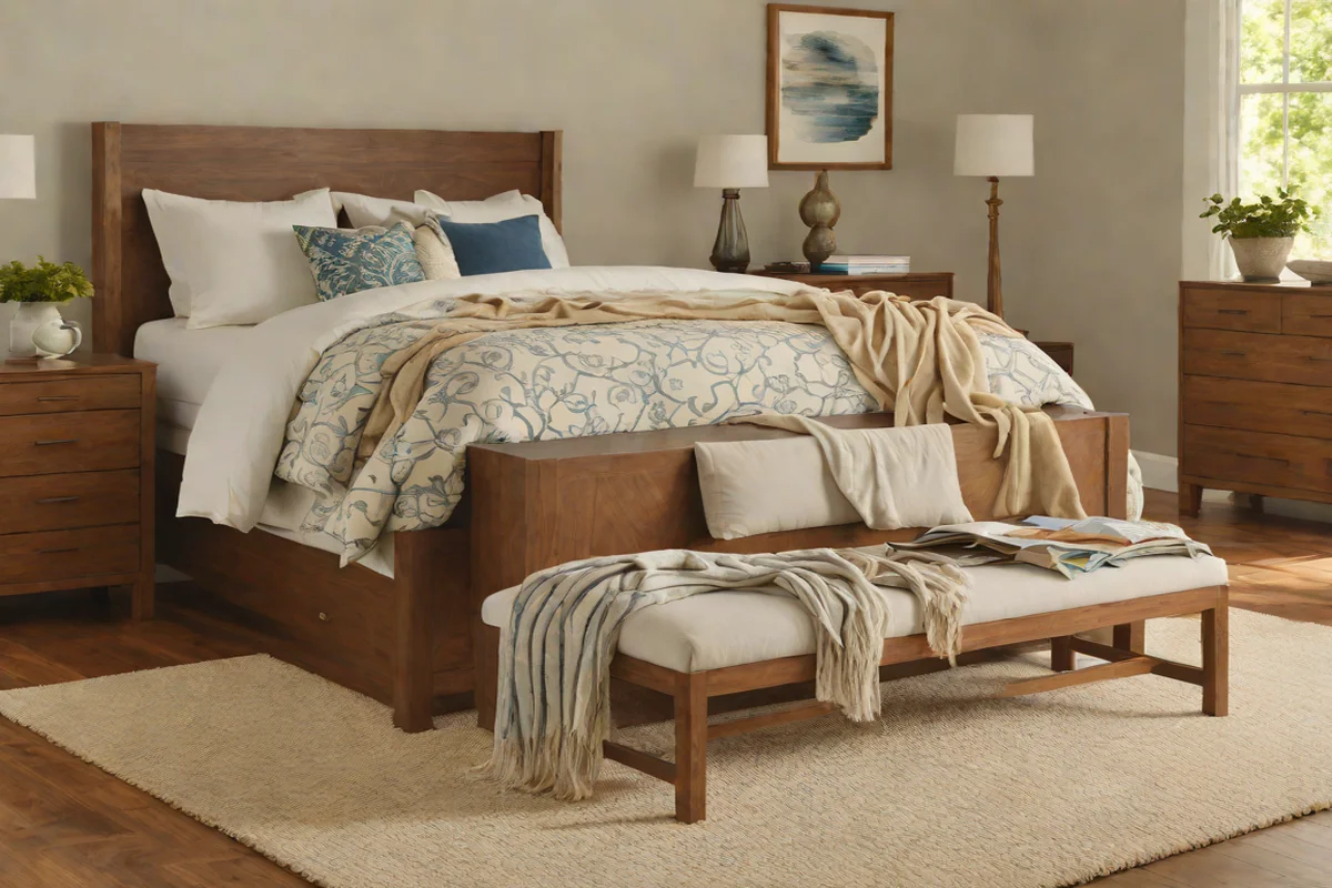 Place a Solid Wood Bench at the Foot of the Bed Place a Solid Wood Bench at the Foot of the Bed - Cozy Bedroom Ideas