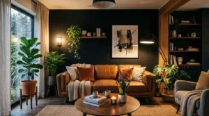Bold black accent wall in a modern living room with dramatic decor and elegant contrast