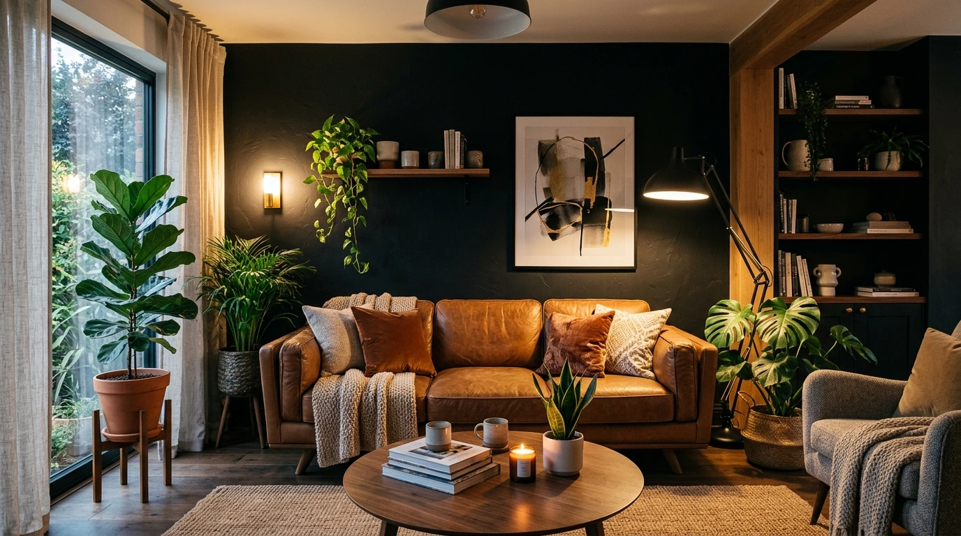 Bold black accent wall in a modern living room with dramatic decor and elegant contrast