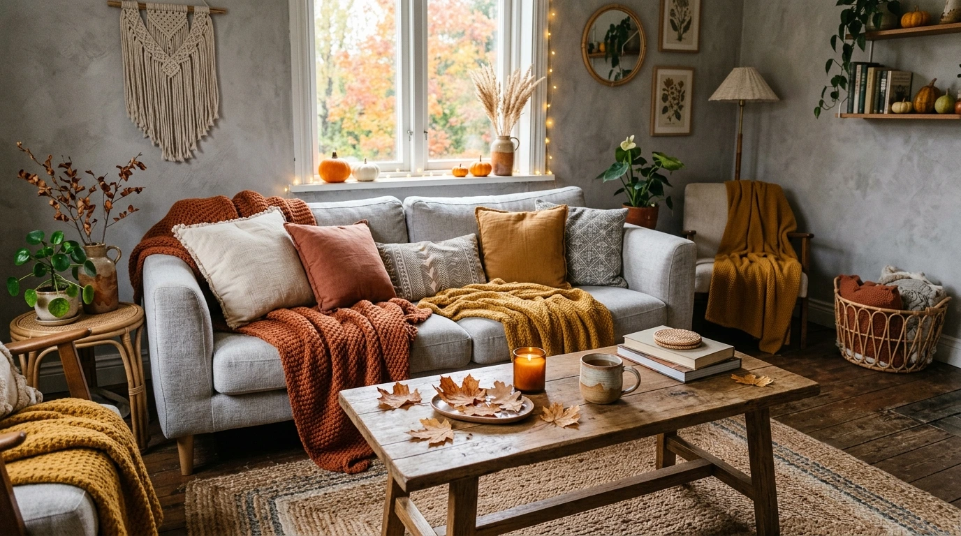 How To Transition Your Grey Boho Living Room From Summer To Fall