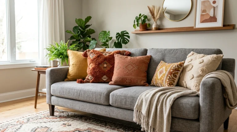 7 Secrets To Balancing A Gray Couch With Warm Bohemian Decor