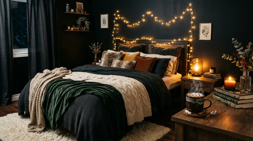 Winter Mood Warming Up A Black Bedroom Wall With Cozy Textures