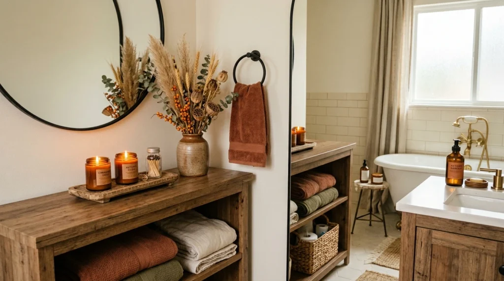 How To Add Warm Cozy Autumn Vibes To A Neutral Bathroom
