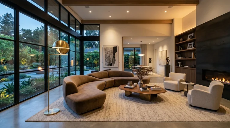 Modern living room interior with floor-to-ceiling windows, brass dome lamp, and warm lighting showcasing stunning sofa designs