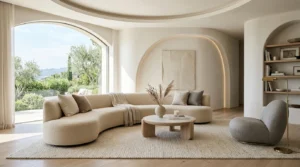 8 Ways To Style A Curved Sofa In A Modern Minimalist Living Room
