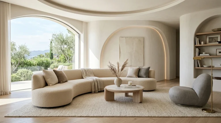 8 Ways To Style A Curved Sofa In A Modern Minimalist Living Room