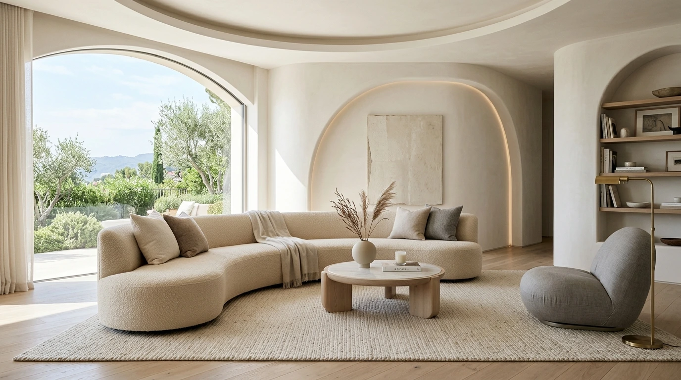 8 Ways To Style A Curved Sofa In A Modern Minimalist Living Room