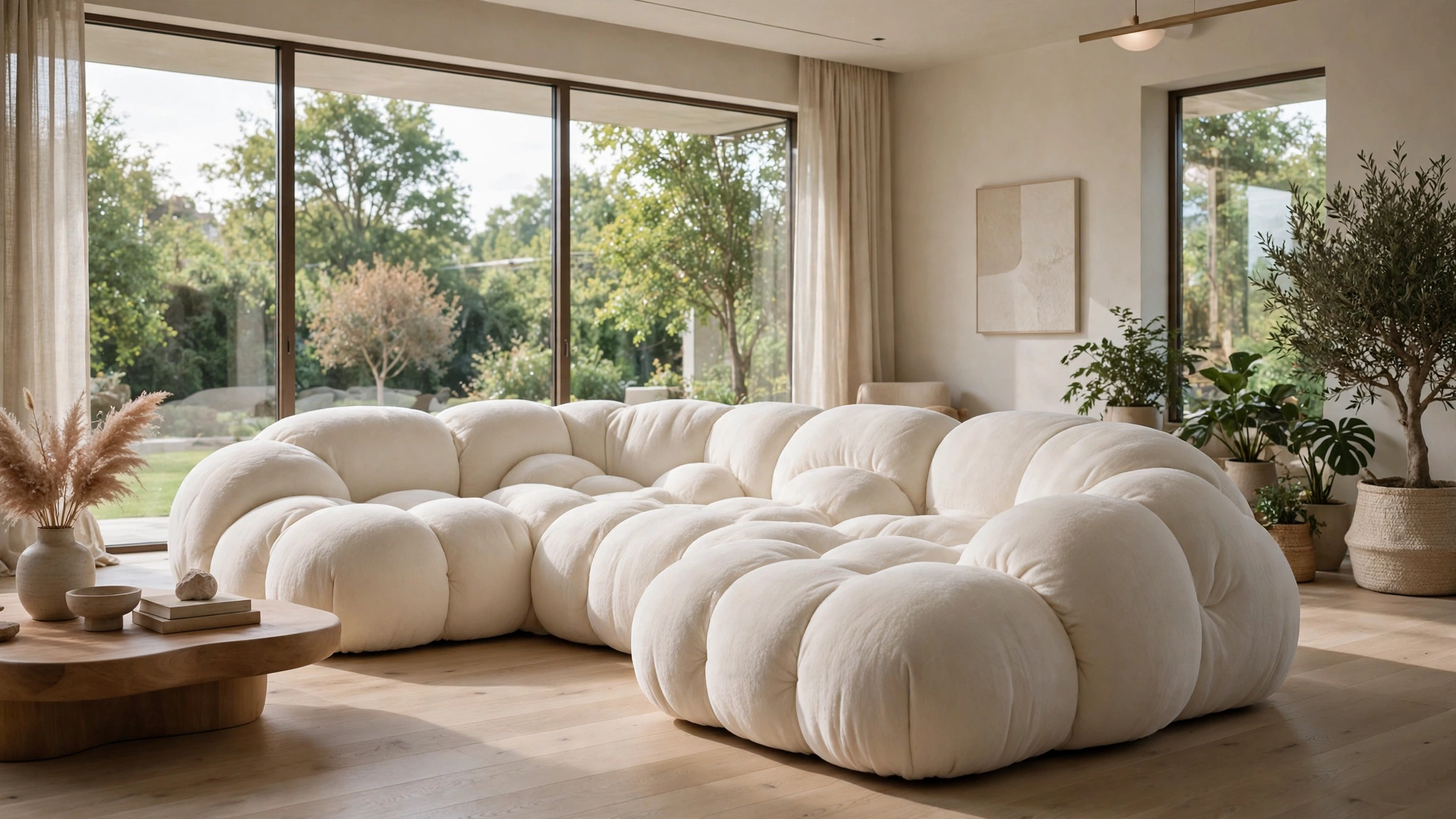 Boneless frameless cloud sofa, ultra plush marshmallow-like seating, modern living room