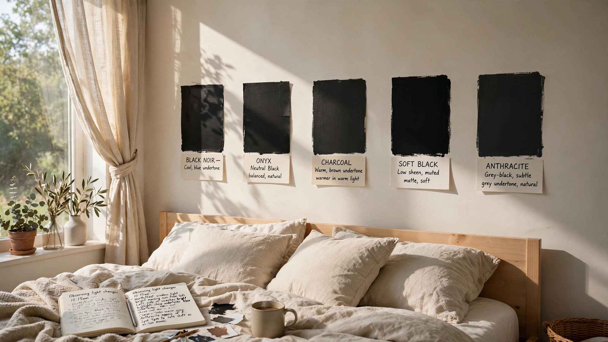 Bedroom wall in north vs south light, how black paint looks different