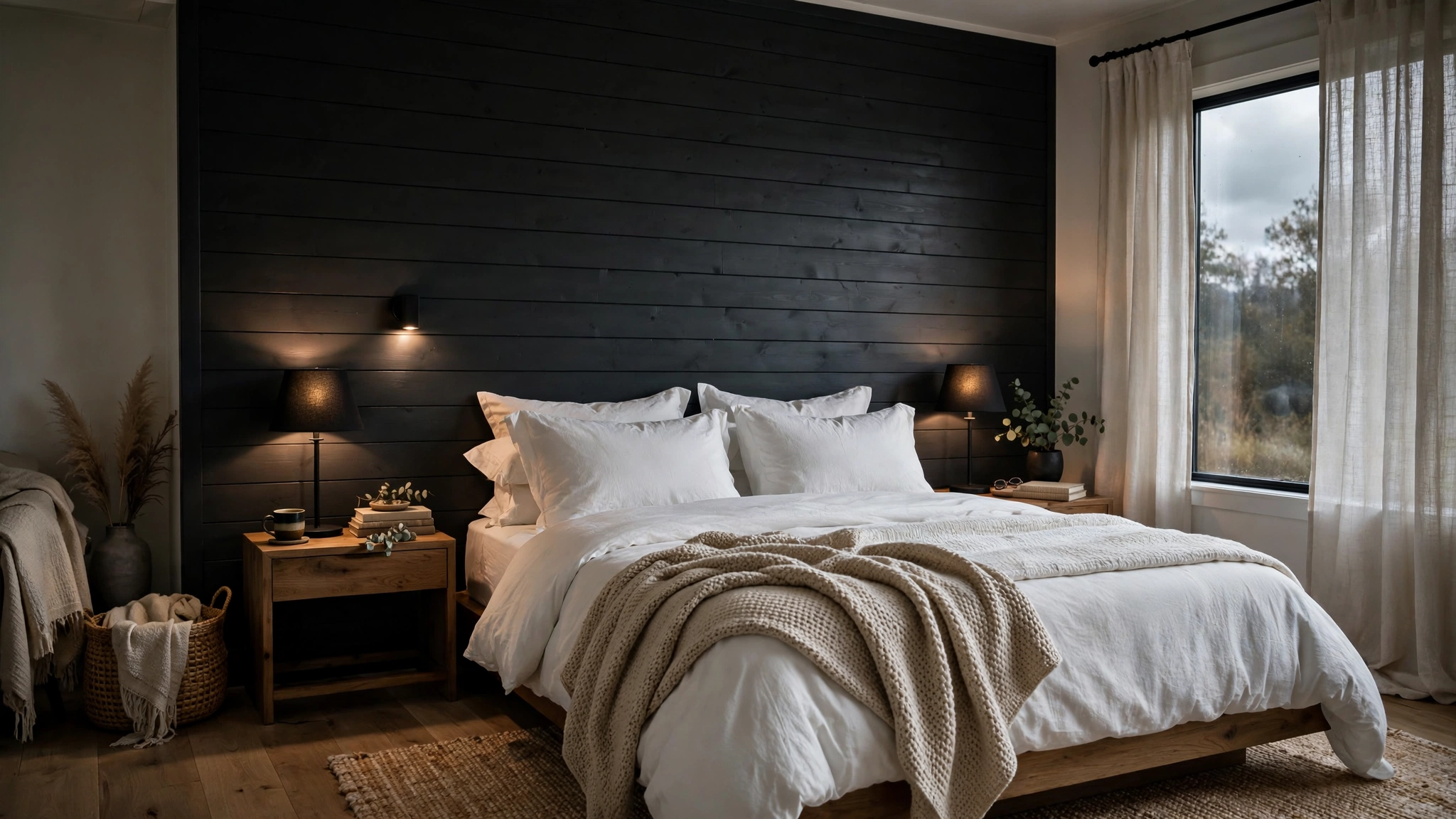 Bedroom with deep charcoal shiplap accent wall, moody rustic