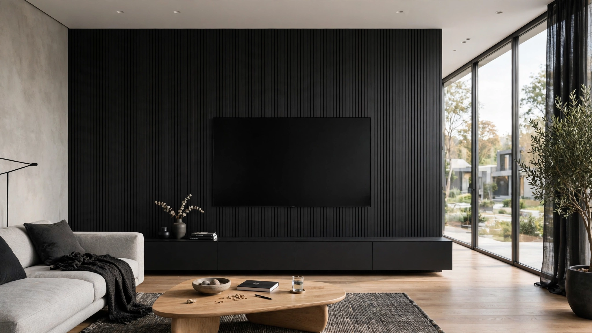 TV flush mounted on black wall, screen blends into wall seamlessly