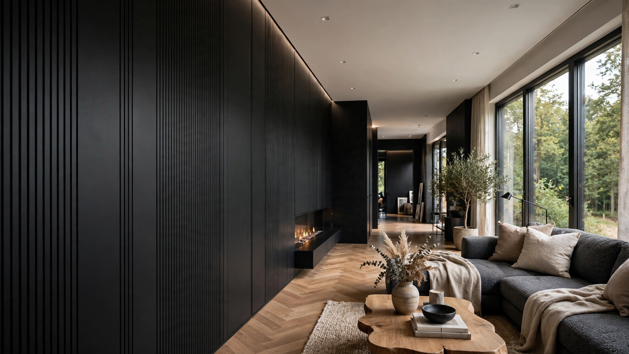 Black accent wall creating visual depth in living room