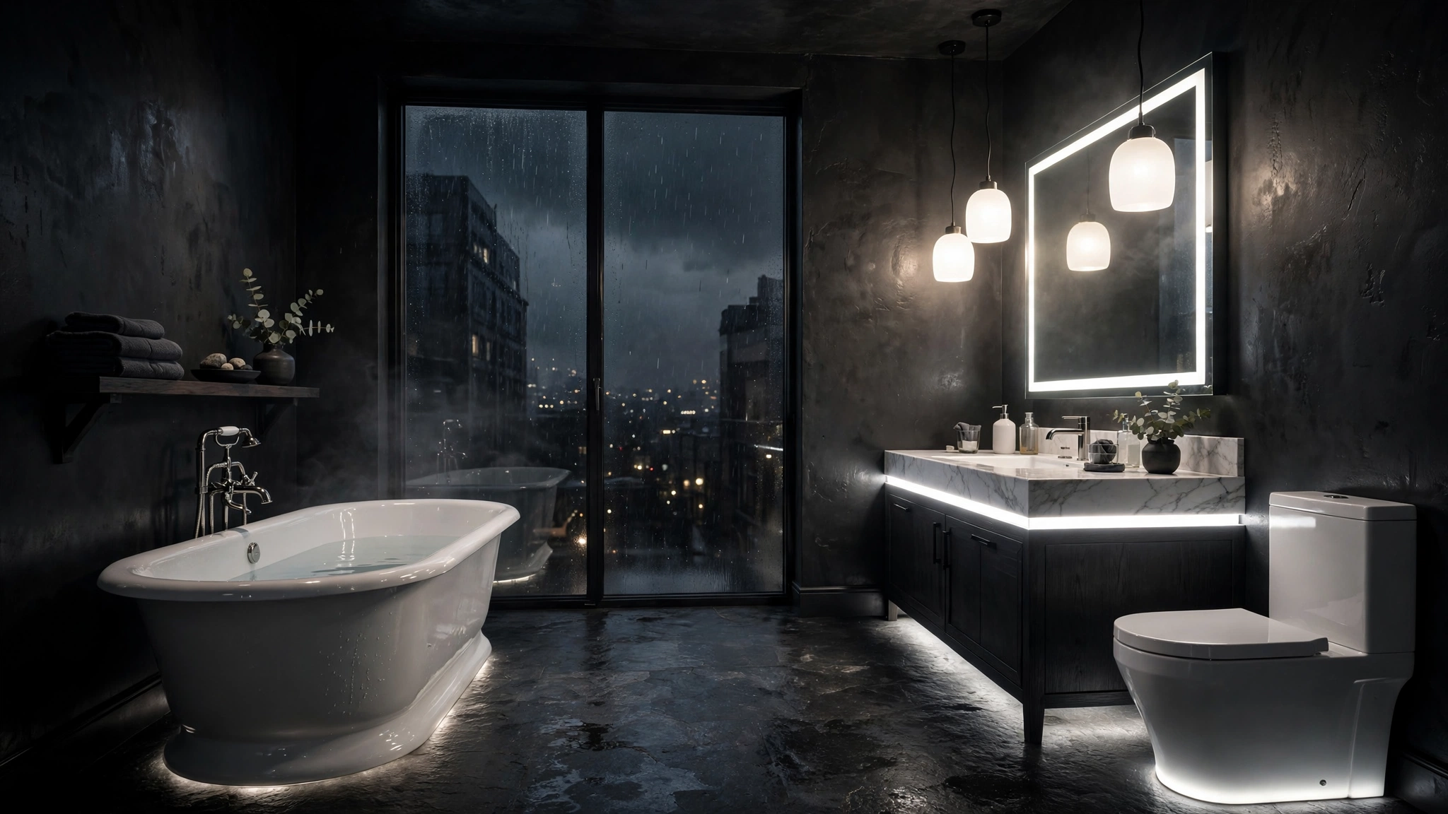 Bathroom with deep charcoal dark walls, moody dramatic atmosphere